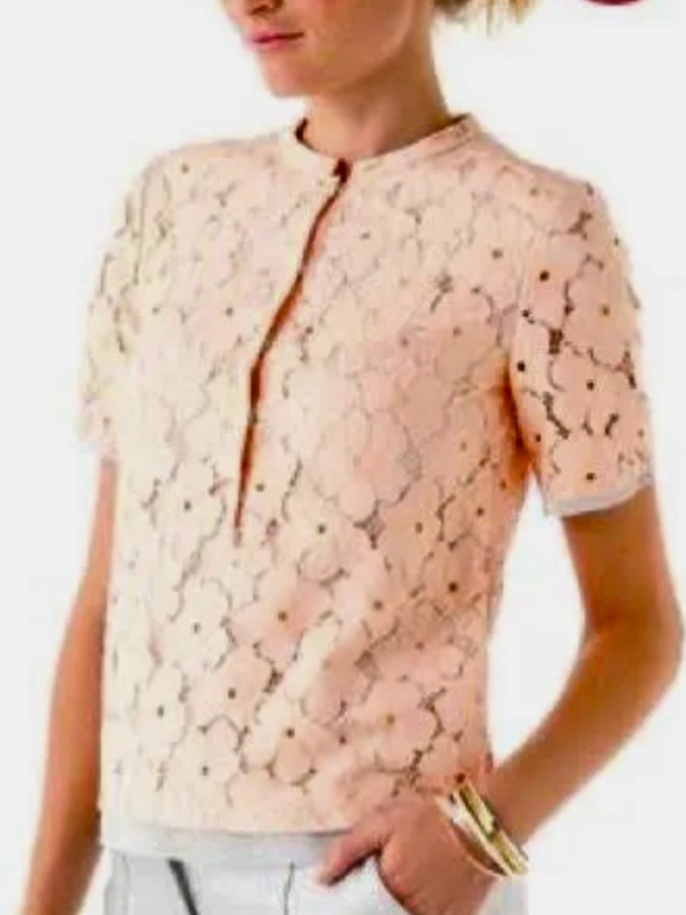 Diane Von Furstenberg Warner Flower Lace Wool Silk Short Sleeve Blouse Peach 6